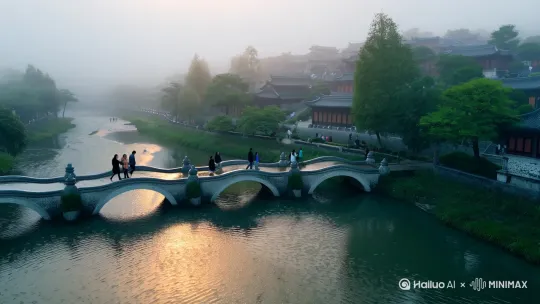 走在细雨蒙蒙、小桥流水的江南小镇，此时正是清明时节，模仿无人机运镜 by Hailuo AI Video Generator
