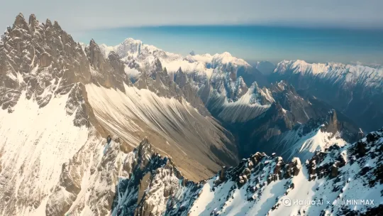 以无人机视角俯视玉龙雪山，[跟随] by Hailuo AI Video Generator
