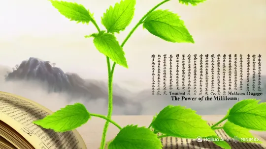 "中国风水墨动画场景，一株绿色麻黄草从泛黄古籍《伤寒论》中生长出来，叶片随风飘动形成标题文字【麻黄：千年草本的力量】，背景有若隐若现的山脉和煎药陶罐，柔光滤镜，动态镜头缓慢拉远"配上古典悠远的背景音乐，及正确的旁白讲解麻黄的功效 by Hailuo AI Video Generator