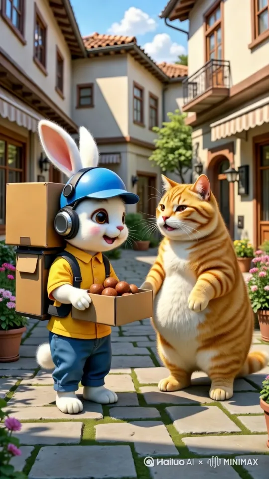 拟人化的猫和兔子张嘴一张一合地说话，然后橘猫扛起兔子像前方跑去，固定镜头，画面主体动态呈现，动作自然流畅，环境光，符合逻辑,极致细节，超真实动态捕捉，不变形。清晰自然,不模糊，高质量，没有瑕疵 by Hailuo AI Video Generator