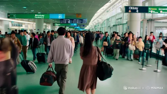 无奈分别
时长：0：30 - 0：50
景别：全景 - 特写
画面：大学毕业，两人面临不同的人生选择。宇轩要跟随乐队去大城市发展，晓妍则要去国外进修摄影。在机场，两人紧紧相拥，眼中满是不舍。飞机起飞，晓妍看着窗外，眼泪滑落，特写她手中握着宇轩送的音乐徽章。
台词
宇轩：“等我稳定下来，一定会去找你。”
晓妍：“好，我们一定都会实现梦想的。”
音乐 / 音效：机场嘈杂的广播声，伤感的背景音乐
拍摄地点：机场 by Hailuo AI Video Generator