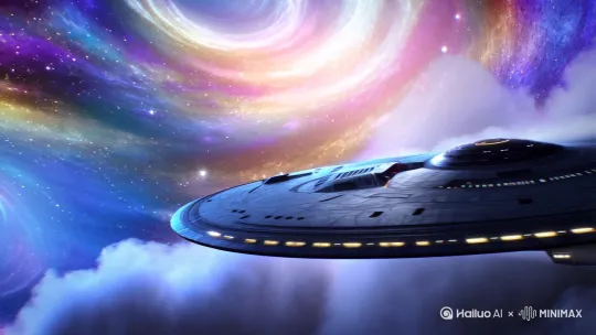 在一个遥远的星系中，一艘巨大的星际飞船穿越星际尘埃”，随后文字转化为一段飞船在星际间穿梭的动画 by Hailuo AI Video Generator