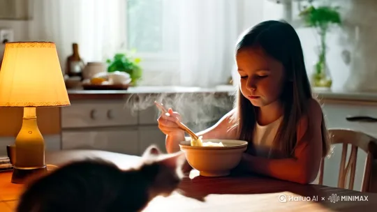 小女孩正在吃米粉，小猫围着她喵喵叫，她用筷子夹起几根米粉，耐心的喂给小猫，小猫终于吃到米粉了 by Hailuo AI Video Generator