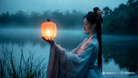 女人手中的灯笼慢慢向天上飞去，左摇，上摇，保持镜头跟随灯笼 by Hailuo AI Video Generator