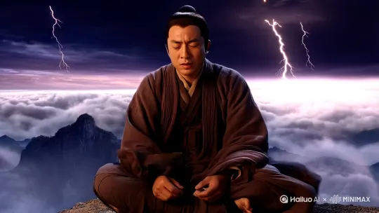 在那高耸入云的山峰之巅，一位身着道袍的道士正盘腿而坐。他面容刚毅，目光坚定，却也难掩疲惫之色。天空中阴云密布，电闪雷鸣，仿佛整个世界都陷入了末日的恐慌。

这位道士名为清风，乃是当世最具威名的修道者。他一生降妖除魔，捍卫正道，此刻，他深知自己面临着此生最为艰巨的挑战——邪神出世。

邪神，那是一个被封印千年的邪恶存在，其力量足以毁灭世间的一切美好。如今，封印松动，邪神即将冲破束缚，肆虐人间。清风道长得到消息后，马不停蹄地赶到此地，誓要将邪神重新封印。

狂风呼啸着，吹得道袍烈烈作响。清风道长紧闭双眸，口中念念有词，周身散发出一层淡淡的光芒，与天空中的雷电交相辉映。他在调动全身的真元，准备施展那最后的、也是最强大的封印之术。

“轰！”一道巨大的闪电划过天际，直劈向山巅。清风道长猛地睁开双眼，双手结印，一道光芒从他手中射出，迎向那闪电。刹那间，光芒与闪电碰撞在一起，爆发出耀眼的光芒，照亮了整个夜空。

然而，邪神的力量太过强大，清风道长的真元在迅速消耗。豆大的汗珠从他额头滑落，但他的双手依然坚定地结着印，口中的咒语愈发急促。

“道长，放弃吧！你无法战胜我的！”邪神那阴森恐怖的声音在天地间回荡。

清风道长冷哼一声：“邪恶永远无法战胜正义！我就算拼尽最后一丝真元，也要将你镇压！”

说罢，他大喝一声，全身光芒暴涨，化作一道巨大的光柱，冲向邪神。邪神发出一声怒吼，全力抵抗。

在这激烈的交锋中，清风道长的身体逐渐变得透明，他的真元即将耗尽。但就在这千钧一发之际，他爆发出了最后的力量，成功地将邪神镇压于山底。

“噗！”一口鲜血从清风道长口中喷出，他的身体摇摇欲坠。他知道，自己的生命即将走到尽头。但为了谋求后世永远的太平，他强撑着最后一口气，将一生所学融汇在自己的随身佩剑当中。

“愿后世有缘人，能得此剑，彻底消灭邪神，守护这世间的安宁……”清风道长的声音越来越微弱，最终，他的身体缓缓倒下，化作了一道光芒，消失在天地之间。

风雨渐渐停歇，天空中的阴云逐渐散去。那把佩剑静静地插在山巅，散发着微弱的光芒，仿佛在等待着那位有缘人的到来…… by Hailuo AI Video Generator