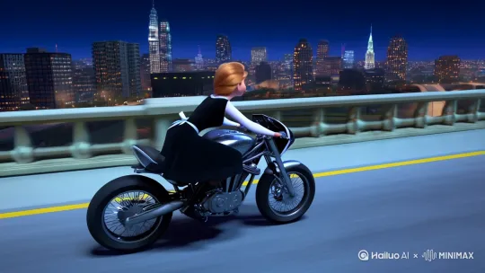 pov，镜头跟随，高速移动穿越，3d animation 。 黑色女仆装 ，elsa驾驶摩托车。镜头转动 摩托车追逐敞篷警车[跟随,晃动,右摇]，警灯闪烁，镜头推进 女警察merida从驾驶位站起来，女警双手举枪射击摩托车，夜晚的城市高架桥，高速公路，ramp，匝道的下坡， 镜头穿越移动 高速行驶 by Hailuo AI Video Generator