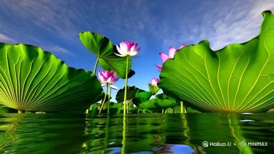 8K 高清写实风格,水面垂直仰视视角拍摄荷花池,画面中布满层次丰富的荷叶(舒展/卷曲形态)、绽放的荷花(粉/白色等色调),荷叶间隙镂空露出湛蓝天空,点缀轻薄淡雅的云彩。强调荷叶脉络、荷花花瓣纹理细节,光影过渡自然,营造清新自然的氛围。 by Hailuo AI Video Generator