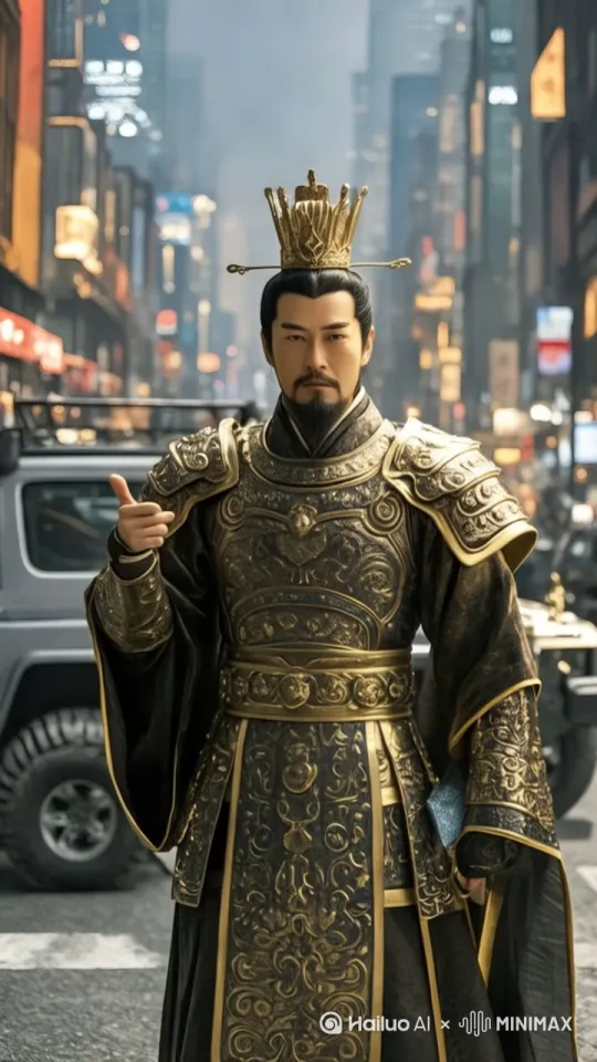 秦始皇穿越到现代，站在繁华都市的街头，看着车水马龙，满脸疑惑地怒吼：“朕的马车呢？这铁疙瘩是何物，竟跑得如此之快！” by Hailuo AI Video Generator