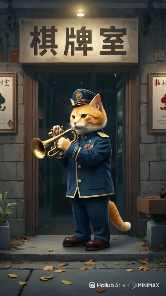 一只拟人化的橘猫站在原地吹小号，一边吹，一边慢慢抬起小号，小号的口朝着天。自然过渡，自然顺畅。 by Hailuo AI Video Generator