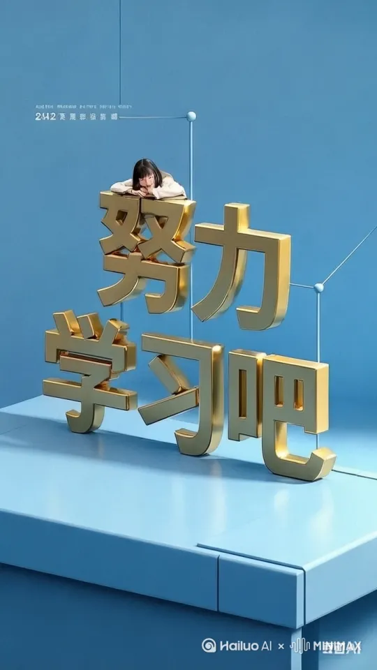 立体字设计，金属字，c4D渲染，正视图，浅金色，写着““努力学习吧”#“姝涵”#，字尽可能大，浅金色。使用自然光，画风写真，浅蓝色背景，简约，一个埋头看书的高中女生金属线条头像外加一些简约线条围绕着文字 by Hailuo AI Video Generator