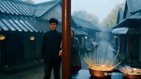 民国十二年秋，青石镇笼罩在连日的阴雨里。私塾先生杨文秀跪在灵堂前，听着纸钱在铜盆里燃烧的噼啪声。檀香袅袅升起，却遮不住那股若有若无的腥气——那是三日前母亲咽气时，袖口沾着的竹叶青蛇血。

"头七夜，莫点灯，竹影摇时莫应声。"镇东头的王阿婆临走前反复叮嘱，布满老年斑的手攥着他的腕子，"你娘死得蹊跷，当心......"

话未说完，檐角铜铃突然无风自动。杨文秀想起母亲临终时的模样：枯槁的手死死攥着那盏莲花灯笼，浑浊的眼珠盯着房梁，仿佛那里盘踞着什么。那盏灯笼此刻就躺在供桌下，宣纸被雨水洇出暗红，像干涸的血。

子时梆子响过三声，灵堂陡然寂静。杨文秀摸到灯笼竹骨上凹凸的刻痕——是母亲惯常绣的忍冬纹。鬼使神差地，他从怀里掏出火折子。

"嚓"的一声，青焰跃上灯芯。灯笼竟自行飘起，在灵堂里游弋如流萤。纸面上渐渐显出人影：佝偻老妇抱着灯笼在雨中疾行，绣花鞋陷进泥泞。那是母亲出事那天的场景！

杨文秀追着灯笼冲进雨幕。灯笼穿过镇口石牌坊，拐进通往祖宅的竹林小径。夜风卷着腐叶拍在脸上，他忽然想起这路早在三年前山崩时就断了。可灯笼还在往前飘，竹叶沙沙声里混着熟悉的咳嗽——分明是母亲的声音！

"娘！"他脱口喊道。灯笼猛地顿住，四周竹影突然疯长，缠住他的脚踝。腐殖土下露出半截石碑，碑文被苔藓覆盖，依稀可见"光绪廿年立"的字样。这不是去祖宅的路，这是......

灯笼"啪"地炸开一团绿火。火光中，母亲正跪在乱石堆里刨着什么，十指鲜血淋漓。杨文秀这才看清她怀里除了灯笼，还有双崭新的绣花鞋——正是他上个月典当掉的！

"儿啊......"幻影突然转头，嘴角淌着黑血，"鞋......"话音未落，竹林深处传来锁链拖地声。灯笼霎时熄灭，杨文秀脚下一空，整个人坠入冰冷的溪水中。 by Hailuo AI Video Generator