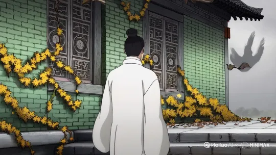 深秋庭院，枯黄藤蔓爬满青砖墙，落叶纷飞如蝶。一袭素白长衫的男子背对镜头立于石阶，西风卷起衣袂与散落书页，远处孤雁掠过灰蒙天空。镜头缓慢环绕人物，枯枝投影在斑驳窗棂上摇晃，风声渐强，弦乐低吟如泣。画面色调偏冷灰，水墨晕染质感，加入细碎落叶粒子特效 by Hailuo AI Video Generator