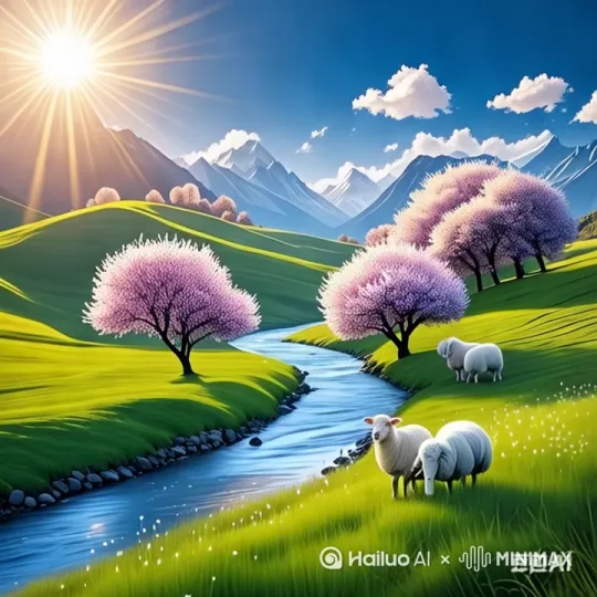小羊在草地上欢快的奔跑。风吹动树叶 by Hailuo AI Video Generator