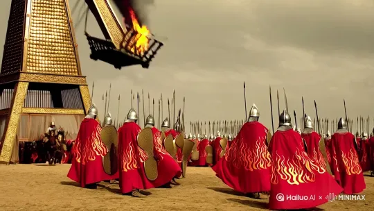 史诗级中国风战争美学，鎏金连环甲配赤焰纹战袍，巨型投石机抛射火油罐，弩兵齐射遮天蔽日，刀盾兵组成防御方阵，败军丢盔弃甲溃逃，全景展现千军万马奔腾气势，青铜色与赭石色构建厚重基调，战歌与哀嚎形成声画对位，动态模糊强化战场混乱感，燃烧战车拖曳火星轨迹，断矛穿插盾牌形成十字构图，前景溃败士兵与后景巍峨城墙形成对比，暴雨突至冲刷战场血污，冷冽青灰与火热赤红构成对抗色，渲染绝望与救赎双重主题，焦土中散落破碎青铜面具，暴雨倾盆的瞬间慢动作，IMAX级广角镜头拍摄，4K 120帧极致流畅，从箭雨视角切换至将军马背主观镜头 by Hailuo AI Video Generator