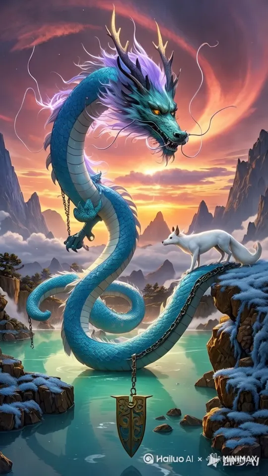 在壮丽的山水之间，夕阳如血般倾洒，粼粼的湖面上波光摇曳。一条浑身散发着幽光的蓝色神龙，龙须轻轻晃动，眼神凶狠地瞪着眼前的白色狐狸。白狐身姿优雅，却难掩警觉，尾巴轻轻摆动，耳朵高高竖起，与神龙对峙着。

突然，神龙率先发难，巨大的龙爪带着凌厉风声狠狠抓向白狐。刹那间，龙身周围紫电环绕，湖水也被龙爪带起的气浪激得水花四溅。然而，白狐反应极快，身影一闪便化作几道残影，巧妙地躲开了攻击。它目光冷静专注，身上隐隐散发着淡淡的白光。

白狐毫不示弱，口中念念有词，周围空气迅速凝结，无数冰棱如利箭般射向神龙。与此同时，它的尾巴高高扬起，毛发根根直立。神龙见状，怒吼一声，口中喷出炽热火焰，与冰棱激烈碰撞。一时间，水汽蒸腾弥漫，神龙周身火焰熊熊，将周围天空都照亮了。

此后，二者的攻击愈发猛烈。神龙在天空中不断盘旋，口中交替吐出火焰与闪电；白狐则在地面与岩石间灵活穿梭，时而施展冰系法术，时而尝试近身攻击。整个天地仿佛都被这股强大的力量撼动，法术碰撞的轰鸣声、龙的咆哮声、狐狸的嘶鸣声交织在一起，震得山体都微微颤抖。

激烈的交锋让双方都疲惫不堪。若以平局收尾，它们会彼此对峙片刻后，各自缓缓退去，只留下一片在夕阳下狼藉的战场；若神龙取胜，它会瞅准时机，用巨大的龙尾将白狐扫倒在地，白狐无力再战，神龙则仰头发出胜利的怒吼；要是白狐获胜，它会趁着神龙大意之时施展出终极法术，一道强光闪过，神龙被击败瘫倒在湖水中，白狐则站在岩石上，眼神复杂地望着神龙。 by Hailuo AI Video Generator