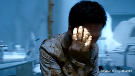 "中景动态捕捉周玄枢踉跄后退动作，[左移,推进,右摇]右手紧捂右眼指缝透出青铜色微光，[左摇,变焦推进]实验服衣摆沾满泥浆，背景考古队员惊恐奔逃时碰倒的仪器溅起试剂液滴，地面黏液形成发光溪流，冷调环境中右眼虹膜特写渐变出青铜螺旋纹路"[下降,上摇] by Hailuo AI Video Generator