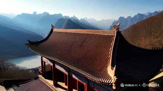 古老的华夏大地，山川壮丽，镜头逐渐拉近到一座古老的书院，阳光洒在屋顶的琉璃瓦上。 by Hailuo AI Video Generator