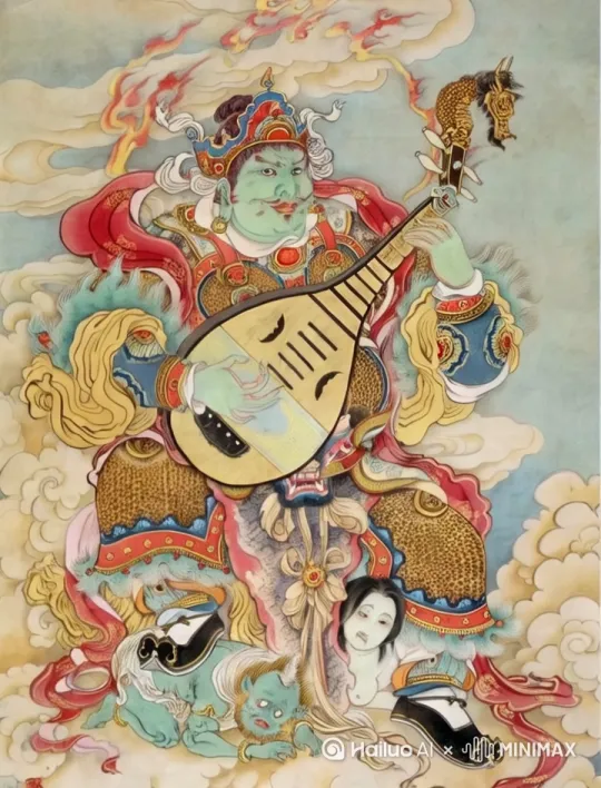 这是四大天王之一，正在弹琵琶唱歌[推出,上升,下摇]，忽然招来一条中国龙，从天而降[左移,上升] by Hailuo AI Video Generator