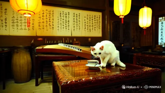 小白猫在茶叶店里听着古筝曲品凤凰单丛茶 by Hailuo AI Video Generator