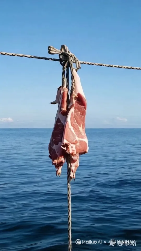 无数的银色带鱼从海里不停的跳起来，撕咬空中带有脊椎骨猪肉，一会儿猪肉只剩下骨头了。
 by Hailuo AI Video Generator