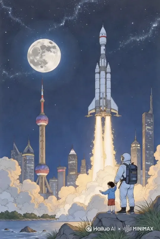 烟雾缓缓飘动，小男孩的手指向火箭，月亮光晕闪烁，星星闪烁，银河闪烁 by Hailuo AI Video Generator