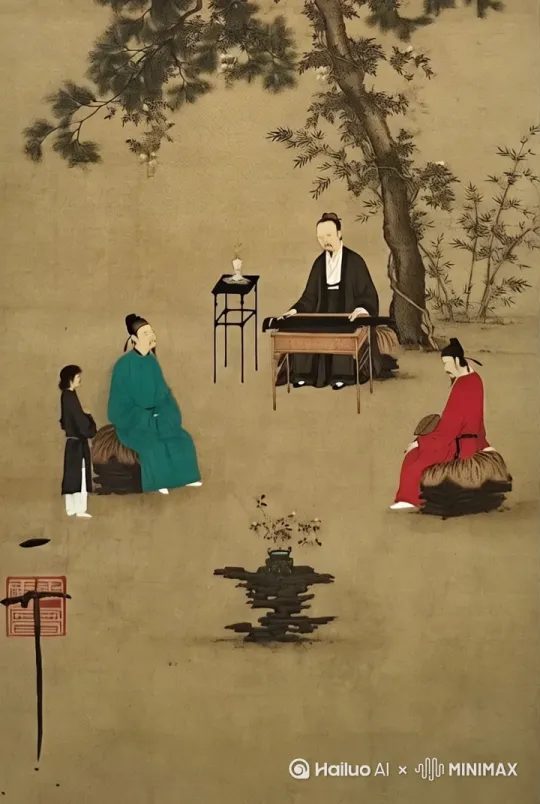 宋徽宗松下抚琴，两名听众喝咖啡[推进,上升] by Hailuo AI Video Generator