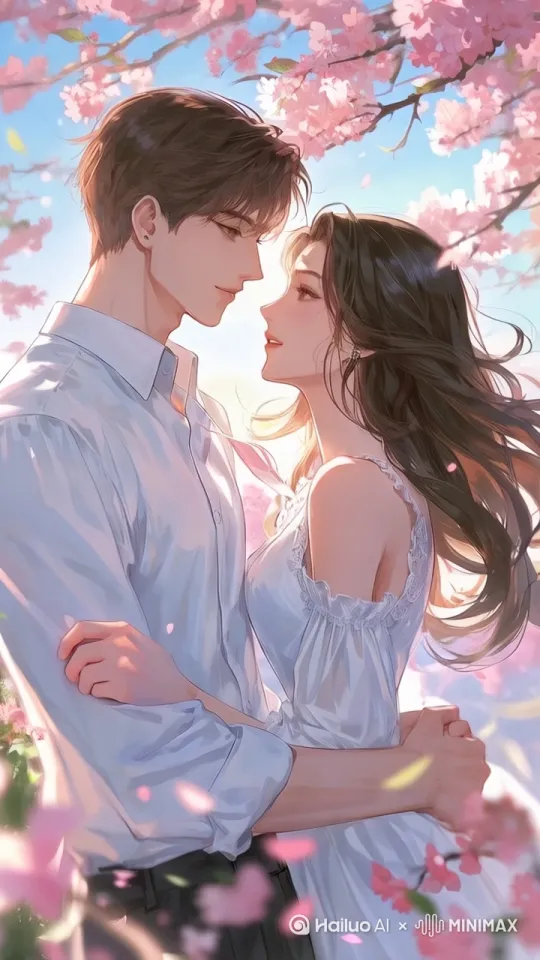 男女闭眼亲吻，头发飘动，眨眼，衣服飘动，高质量，高画质，女性长发随风轻柔飘动，衣袂泛起涟漪般的波动，流动着晶莹的高光粒子，樱花花瓣飞舞， by Hailuo AI Video Generator