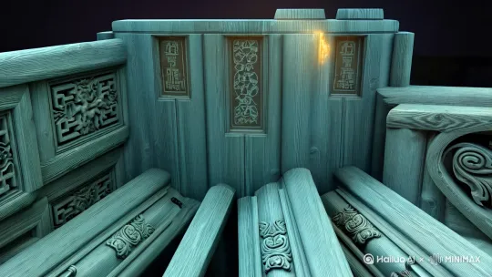 震撼3D动画转场，茶色榫卯梁柱突然迸发鎏金光束，木雕框架产生龟裂能量纹。鎏金麒麟破框而出，鳞甲在空中重组为粒子矩阵，鬃毛拖拽青金石流光轨迹，脚踏祥云化作立体全息投影。飞跃瞬间木架构件悬浮解体，榫卯接口迸发甲骨文能量符，麒麟眼瞳射出篆书光束，尾焰扫过处木纹转化为流动山水画卷，背景浮现二十八星宿动态投影，8K超清慢镜头捕捉木屑金粉飞溅，虚幻引擎5纳米级流体模拟+动态模糊，新国潮朋克美学，带0.8秒镜头急速后拉+景深突变特效[推出,上升,下摇] by Hailuo AI Video Generator