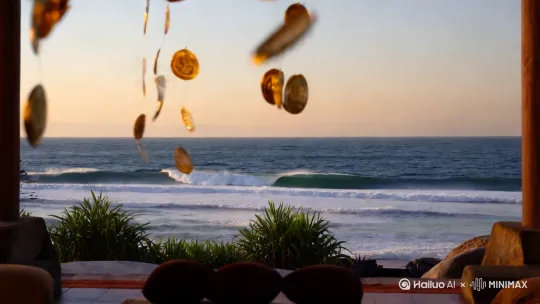 这是一个冥想的空间，有大海，天空中漂浮着金币，海浪在流动，金币从天掉落，气氛平静 by Hailuo AI Video Generator