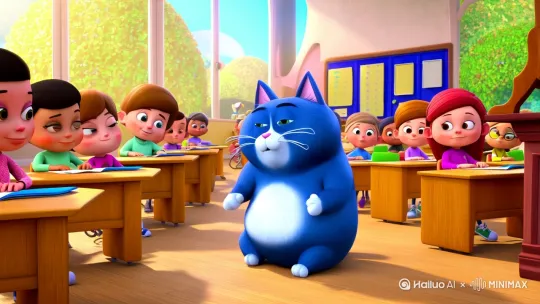 生成一只蓝色的胖猫，他坐在教室里，周围座位上有他的同学，然后让他撕掉自己的作业，然后跳到讲台上把黑板搬出门外，之后跳到老师的头上，在老师的头上大声的喊 by Hailuo AI Video Generator