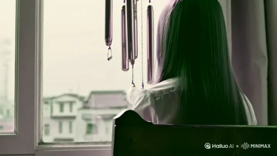 电影级复古胶片质感视频,高清晰高质量,镜头缓缓推进,聚焦于90年代穿衣风格的中国初中女学生。她背对镜头,坐在老旧的木质靠背椅子上,面向一扇洒满柔和阳光的窗户,长发自然披散在肩上,身着简约校服,洋溢着青春的气息。镜头从她背后平稳推进,越过她的肩膀,捕捉到挂在窗户上的风铃随微风摇曳,发出清脆悦耳的叮当声。窗外远景是模糊处理的90年代风格旧建筑,增添了一抹怀旧色彩。中景背影视角,通过细腻的光影变化展现时代氛围。 by Hailuo AI Video Generator