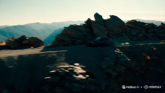 一辆汽车跨越山川，闯出一条小狗跳上车，车速过快一个漂移，性感的女主角出现[左移,跟随][右移,左摇,跟随] by Hailuo AI Video Generator