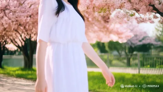 身着白色连衣裙的亚洲女大学生漫步于樱花林小径。镜头从低角度跟拍脚步特写开始（0-2秒），慢动作旋转展现长发随风轻扬的侧脸微笑（2-4秒），升格镜头捕捉指尖触碰飘落花瓣的瞬间（4-5秒）。逆光营造温暖梦幻氛围，浅景深虚化背景突出粉白色主色调，HSL增强花瓣淡粉色，亮度+15%/对比度-10%打造柔光效果。 by Hailuo AI Video Generator