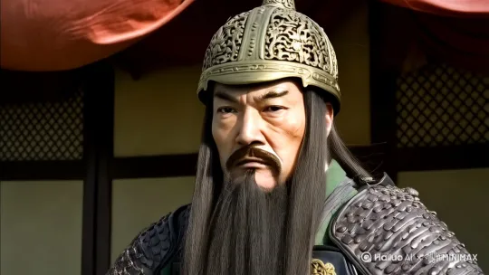 暗红脸关羽正在戴头盔，整理盔甲上鲜红色的污渍，眼睛细长，亮部有高光，皮肤暗红有粗颗粒，大师拍摄，立体，髙饱和度，精细。神情严肃的注视着下面庞大的战场，赤免马在旁边来回磨蹄，仿佛招换主人上马。后面无数士兵，整齐排列，等待将军下达冲锋的命令，大师道镜，层次分明。 by Hailuo AI Video Generator