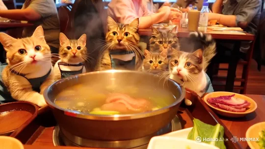 一群猫咪在火锅店开心的吃火锅 by Hailuo AI Video Generator