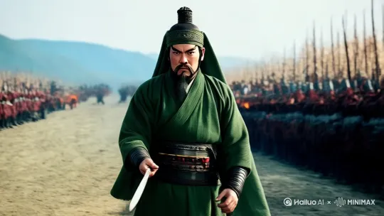 暗红脸关羽眼睛细长，威武，带着千军万马，义无反顾，冲向敌阵，大师拍摄。赤兔马由侧面进入正面后，启动速度，真突，层次分明，空间转换流畅。 by Hailuo AI Video Generator