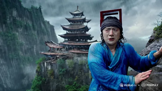背景：陡峭悬崖被暴雨冲刷，远处可见破庙轮廓
建筑：明代山神庙飞檐坍塌，瓦片散落
人物：沈砚秋（青布直裰浸透，四方巾歪斜）
表情：面色惨白，手指死死扣住岩缝
运镜：无人机俯冲下降镜头，雨水在镜头玻璃上划出裂痕状轨迹 by Hailuo AI Video Generator