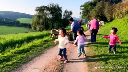 清晨的乡间小路上，小鸟在鸣叫，小孩在打闹，大人们都开始出去劳作 by Hailuo AI Video Generator