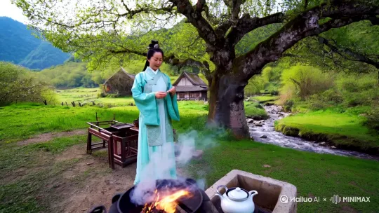 古杏花树下一宋代美女围炉煮茶的场景，旁边有一处小农舍溪流环绕 by Hailuo AI Video Generator