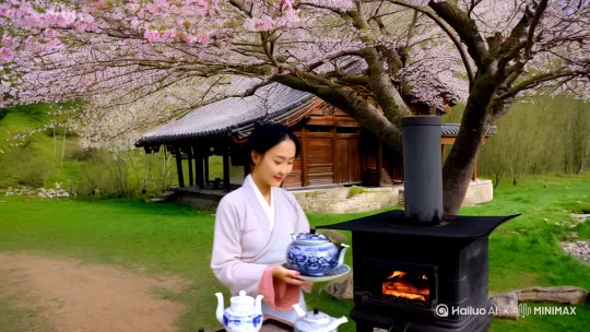 古杏花树下一宋代美女围炉煮茶的场景，旁边有一处小农舍溪流环绕 by Hailuo AI Video Generator