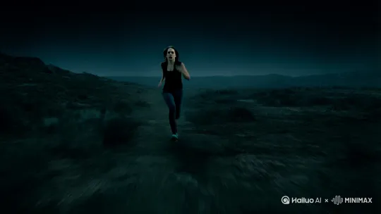 拉镜头拍摄，女人朝镜头奔跑，女人靠近镜头时，身后的人影快速追赶上来，并变得巨大。人影凑近后，可见那是一个有着狼形面孔的人形生物，面部被偏黄色的光照亮，画面色调变得诡异，充满恐怖的氛围。 by Hailuo AI Video Generator