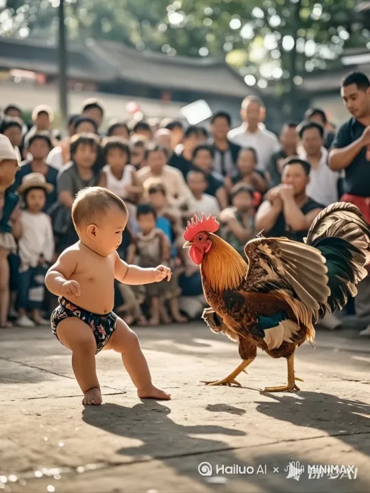 "鸡和人史诗般的暴力打斗场面，
镜头限随图片中的人和鸡拳打脚踢。
快速暴力动作片，人和鸡的生死战，
电影级，人和鸡拳打脚踢动作非常快速，
鸡和人打出幻影" by Hailuo AI Video Generator