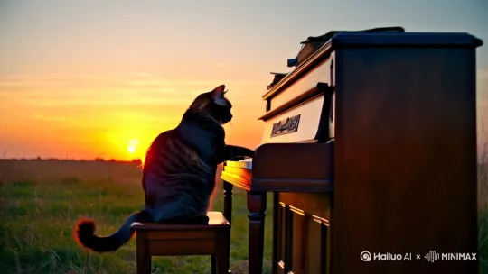 夕阳的余晖洒在广袤的旷野上，天空被染成了金橙色，柔和的光线为大地披上了一层温暖的外衣。在这片宁静的旷野中央，一只美丽的胖猫咪正坐在椅子上专注地弹奏着钢琴曲。 钢琴的旋律在空旷的田野中回荡，与风声、鸟鸣交织在一起，形成了一首独特的自然交响 by Hailuo AI Video Generator