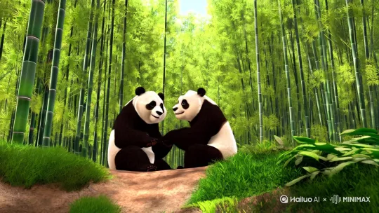 生成一对可爱的大熊猫在浪漫的竹海里面谈恋爱，还有一个小熊猫在独自玩耍[推出,上升,下摇] by Hailuo AI Video Generator
