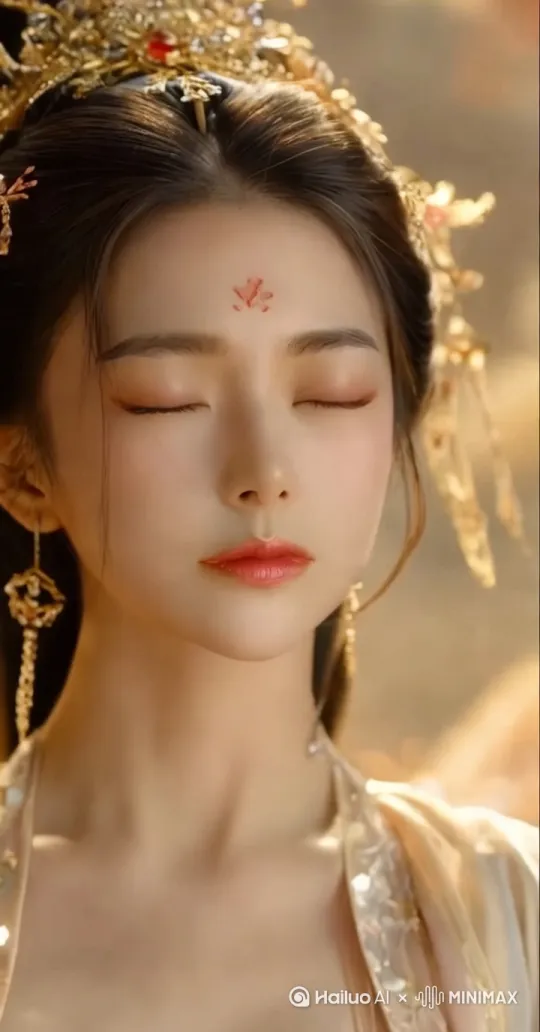 镜头拉近美女嘴唇特写，美女转正脸，偷偷睁开一只眼，舒展了下眉毛，再缓缓睁开双眼，两眼痴情的对着你，期待你的吻 by Hailuo AI Video Generator