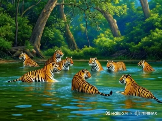 要让这幅画看起来更有立体感，可以从以下几个方面进行调整和改进：

1. **光影效果**：增强光源的方向性和强度。例如，可以在老虎的身上和周围添加更多的阴影，尤其是在老虎的腹部、下颚和四肢的内侧。这些阴影应根据光源的方向进行调整，使其看起来更加真实。同时，可以在水面和树叶上添加更多的反射光和阴影，以增强整体的立体感。

2. **透视关系**：调整老虎和水面的透视关系，使它们看起来更加自然。例如，可以将远处的老虎稍微缩小，并使其颜色稍微变淡，以模拟远近透视效果。水面的波纹和涟漪也可以根据远近关系进行调整，使远处的波纹显得更加细小和模糊。

3. **细节刻画**：增加老虎和水面的细节刻画。例如，可以在老虎的毛皮上添加更多的纹理和细节，使其看起来更加真实和生动。水面的波纹和反光也可以更加细致，增加水流的动感和透明感。

4. **色彩层次**：增加色彩的层次感和对比度。例如，可以在老虎的毛皮上使用更多的色彩过渡，使其看起来更加立体和丰富。同时，可以在背景的树叶和树干上增加更多的色彩层次，使其看起来更加深邃和有层次感。

5. **空气透视**：利用空气透视效果，使远处的景物看起来更加模糊和淡色。例如，可以在远处的树木和老虎身上添加一层淡淡的蓝色或灰色，使其看起来更加遥远和模糊，从而增强画面的深度感。

通过以上几个方面的调整和改进，可以使这幅画看起来更加立体和生动，给人一种身临其境的感觉。希望这些建议对你有所帮助！ by Hailuo AI Video Generator