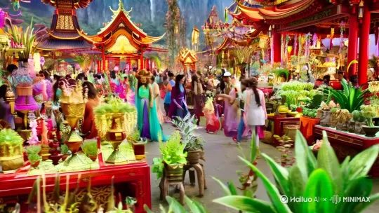 拍摄景别为全景，人物景别为中景，视角构图是平视，核心主体是璃舞，情绪动作是璃舞面带期待，步伐轻快行走，四处张望。环境场景是繁华的仙侠仙市，街道两旁摆满各种修仙法宝、灵植摊位，人来人往。艺术风格为仙侠古风与现代时尚融合，氛围光线明亮，色调以暖色调为主，红色、金色点缀。运镜方式：从远处平移镜头至璃舞，预期效果是展现仙市整体环境并引出主角。音效：环境音有仙市嘈杂的叫卖声、人群交谈声，无背景音乐。全景，中景，平视，璃舞面带期待轻快行走四处张望，繁华仙侠仙市街道两旁摊位林立人来人往，仙侠古风与现代时尚融合，明亮暖色调为主红色金色点缀 by Hailuo AI Video Generator