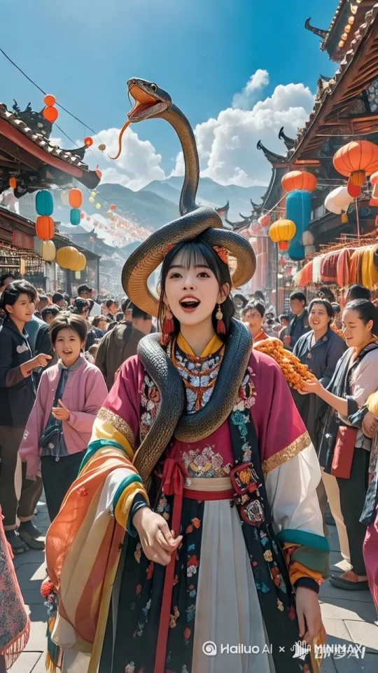 美女跳舞，蛇跳舞，周围的人惊讶鼓掌 by Hailuo AI Video Generator