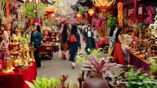 拍摄景别为全景,人物景别为中景,视角构图是平视,核心主体是璃舞,情绪动作是璃舞面带期待,步伐轻快行走,四处张望。环境场景是繁华的仙侠仙市,街道两旁摆满各种修仙法宝、灵植摊位,人来人往。艺术风格为仙侠古风与现代时尚融合,氛围光线明亮,色调以暖色调为主,红色、金色点缀。运镜方式:从远处平移镜头至璃舞,预期效果是展现仙市整体环境并引出主角。音效:环境音有仙市嘈杂的叫卖声、人群交谈声,无背景音乐。全景,中景,平视,璃舞面带期待轻快行走四处张望,繁华仙侠仙市街道两旁摊位林立人来人往,仙侠古风与现代时尚融合,明亮暖色调为主红色金色点缀 by Hailuo AI Video Generator
