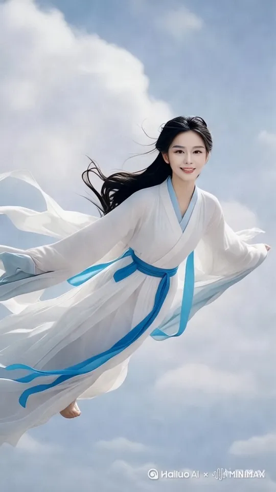 飞天仙女在天空中飞行，快速高空跟踪镜头移动，无人机视角，一个超现实的高速梦境序列，平滑水平飞行的感觉，衣服随风摇摆。相机从略高位置的俯视角度紧密跟踪，从左后方向右后方移动，保持对站立姿势的持续视角，随着角度迅速穿越场景，身后的云朵快速向后移动。[右摇,变焦推进] by Hailuo AI Video Generator